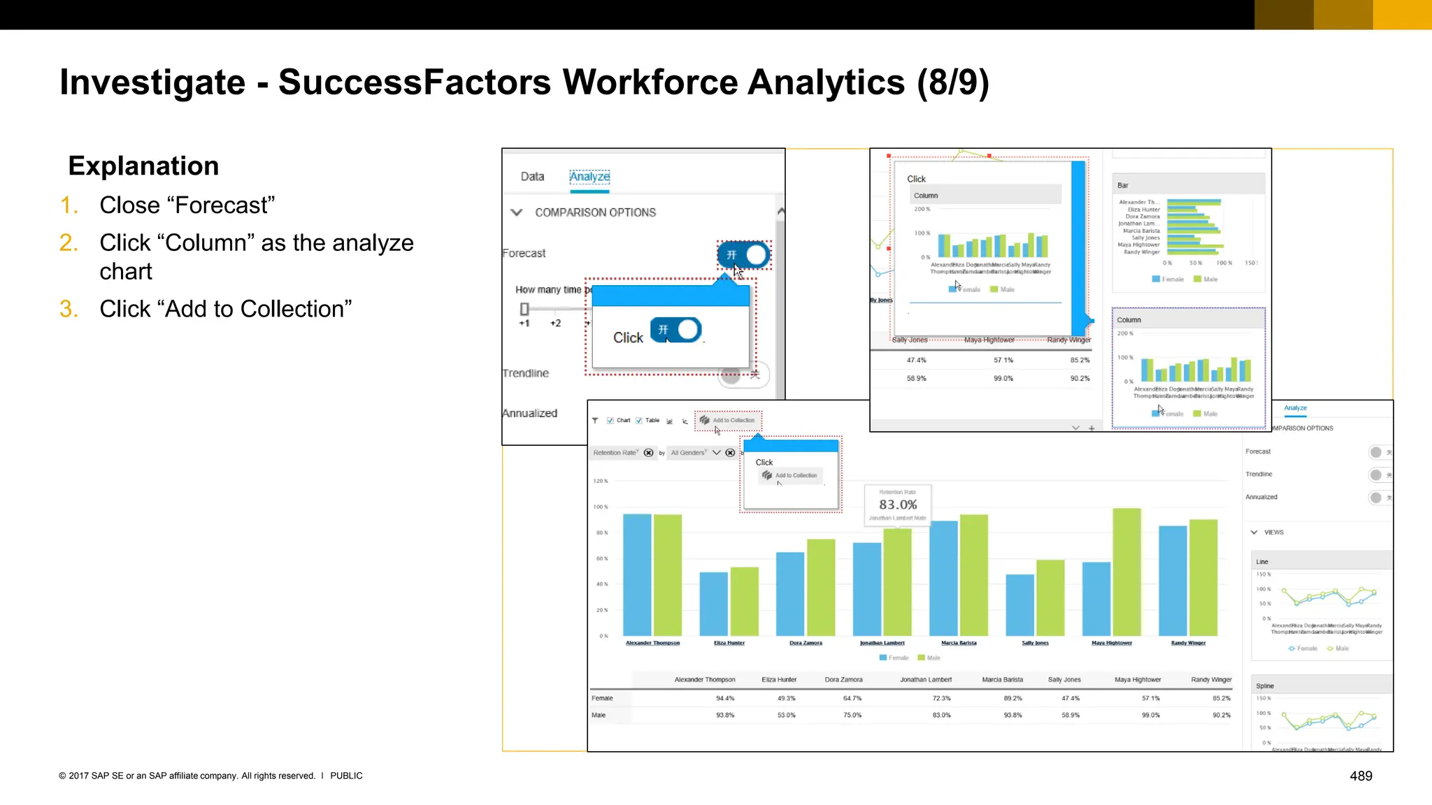 489
PUBLIC
© 2017 SAP SE or an SAP affiliate company. All rights reserved. ǀ
Investigate - SuccessFactors Workforce Analytics (8/9)
Explanation
1. Close “Forecast”
2. Click “Column” as the analyze
chart
3. Click “Add to Collection”
 