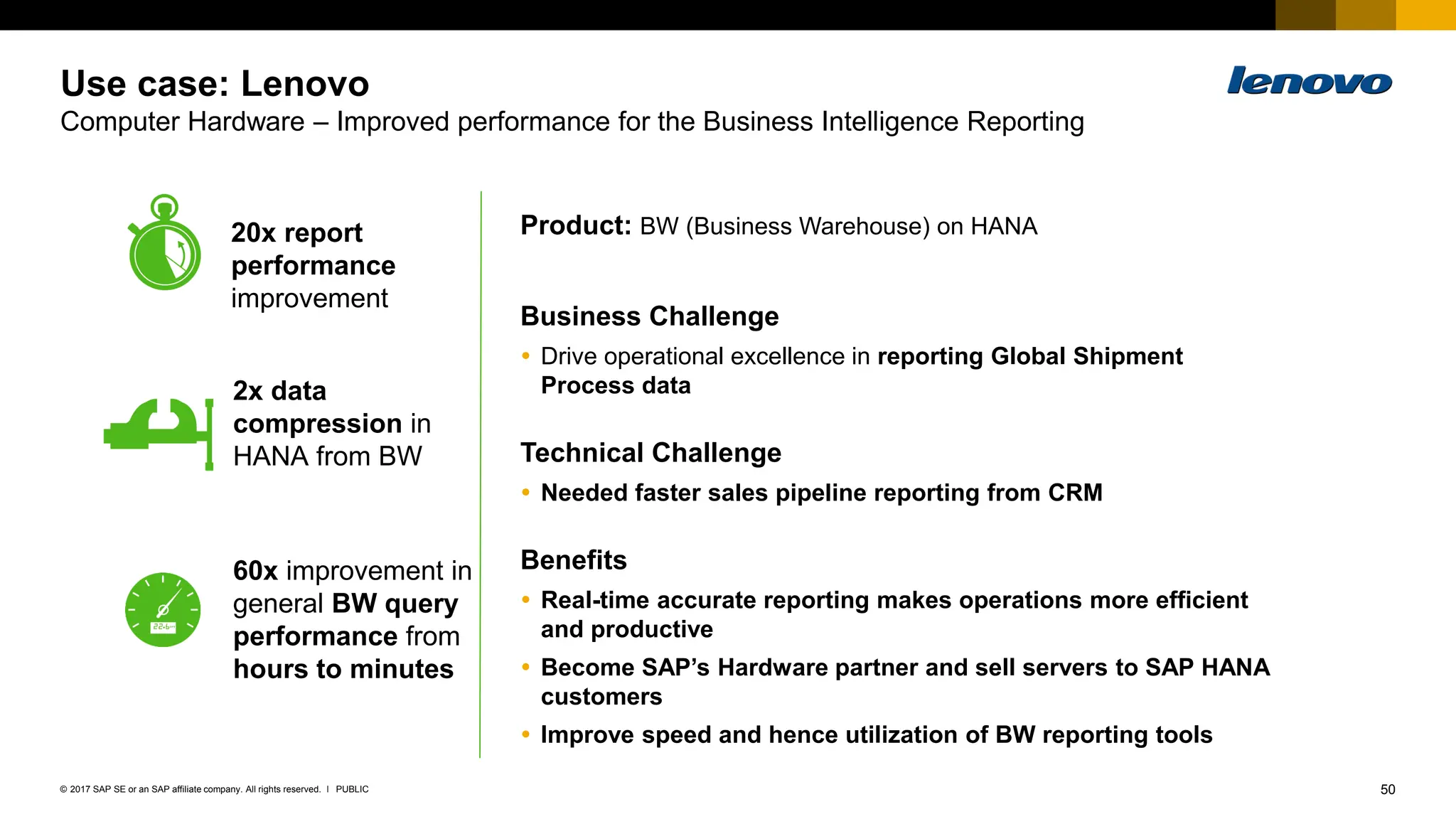 50
PUBLIC
© 2017 SAP SE or an SAP affiliate company. All rights reserved. ǀ
Use case: Lenovo
Computer Hardware – Improved performance for the Business Intelligence Reporting
Product: BW (Business Warehouse) on HANA
Business Challenge
 Drive operational excellence in reporting Global Shipment
Process data
Technical Challenge
 Needed faster sales pipeline reporting from CRM
Benefits
 Real-time accurate reporting makes operations more efficient
and productive
 Become SAP’s Hardware partner and sell servers to SAP HANA
customers
 Improve speed and hence utilization of BW reporting tools
20x report
performance
improvement
2x data
compression in
HANA from BW
60x improvement in
general BW query
performance from
hours to minutes
 