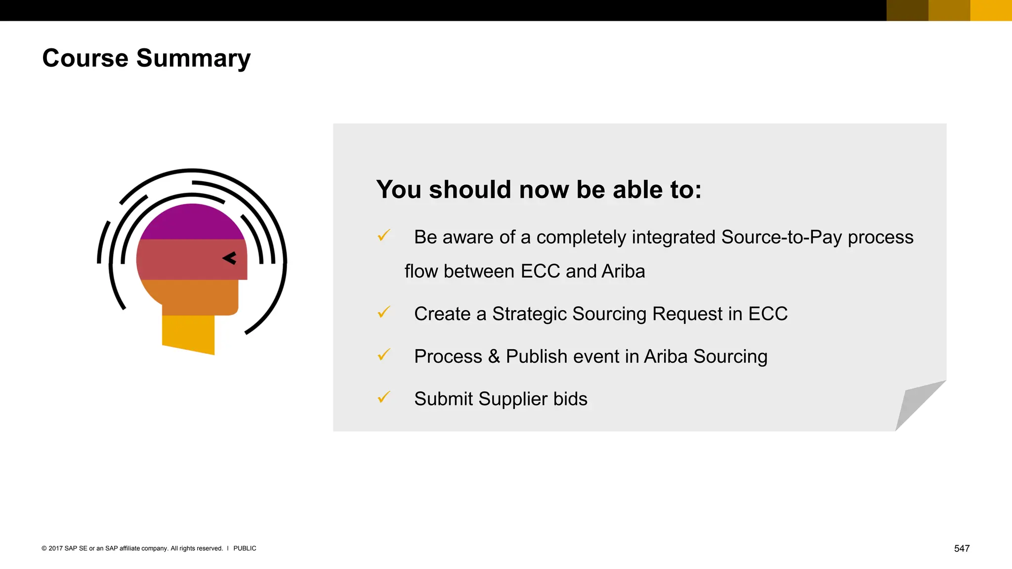 547
PUBLIC
© 2017 SAP SE or an SAP affiliate company. All rights reserved. ǀ
Course Summary
You should now be able to:
✓ Be aware of a completely integrated Source-to-Pay process
flow between ECC and Ariba
✓ Create a Strategic Sourcing Request in ECC
✓ Process & Publish event in Ariba Sourcing
✓ Submit Supplier bids
 