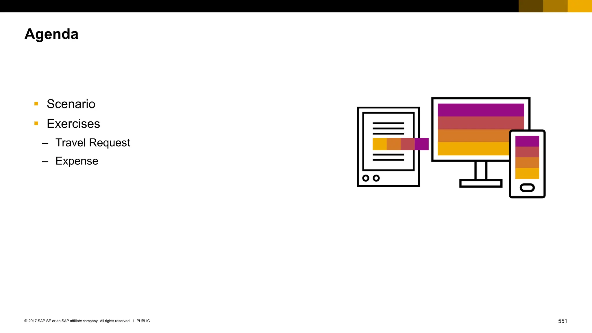 551
PUBLIC
© 2017 SAP SE or an SAP affiliate company. All rights reserved. ǀ
▪ Scenario
▪ Exercises
– Travel Request
– Expense
Agenda
 