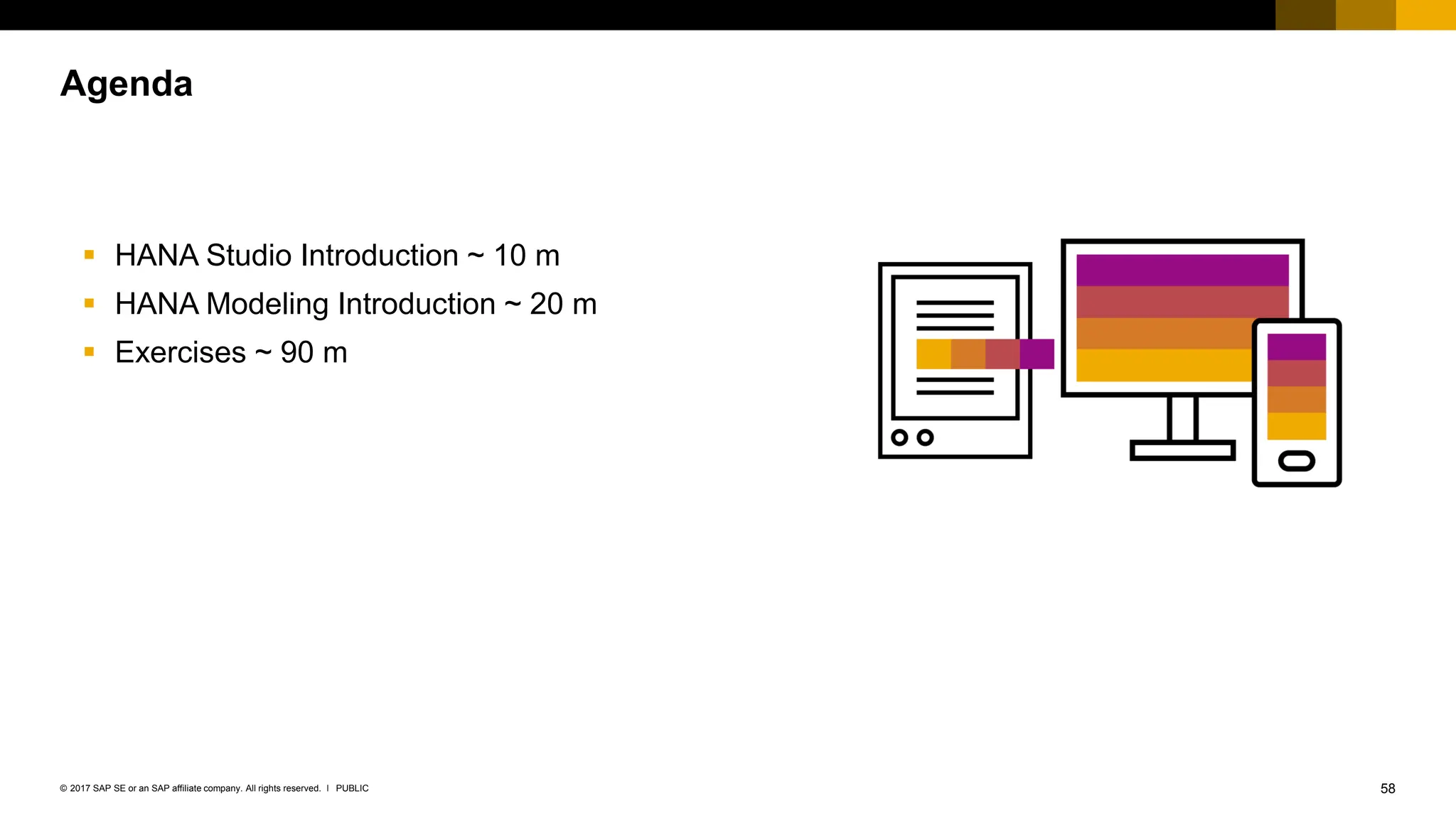 58
PUBLIC
© 2017 SAP SE or an SAP affiliate company. All rights reserved. ǀ
▪ HANA Studio Introduction ~ 10 m
▪ HANA Modeling Introduction ~ 20 m
▪ Exercises ~ 90 m
Agenda
 