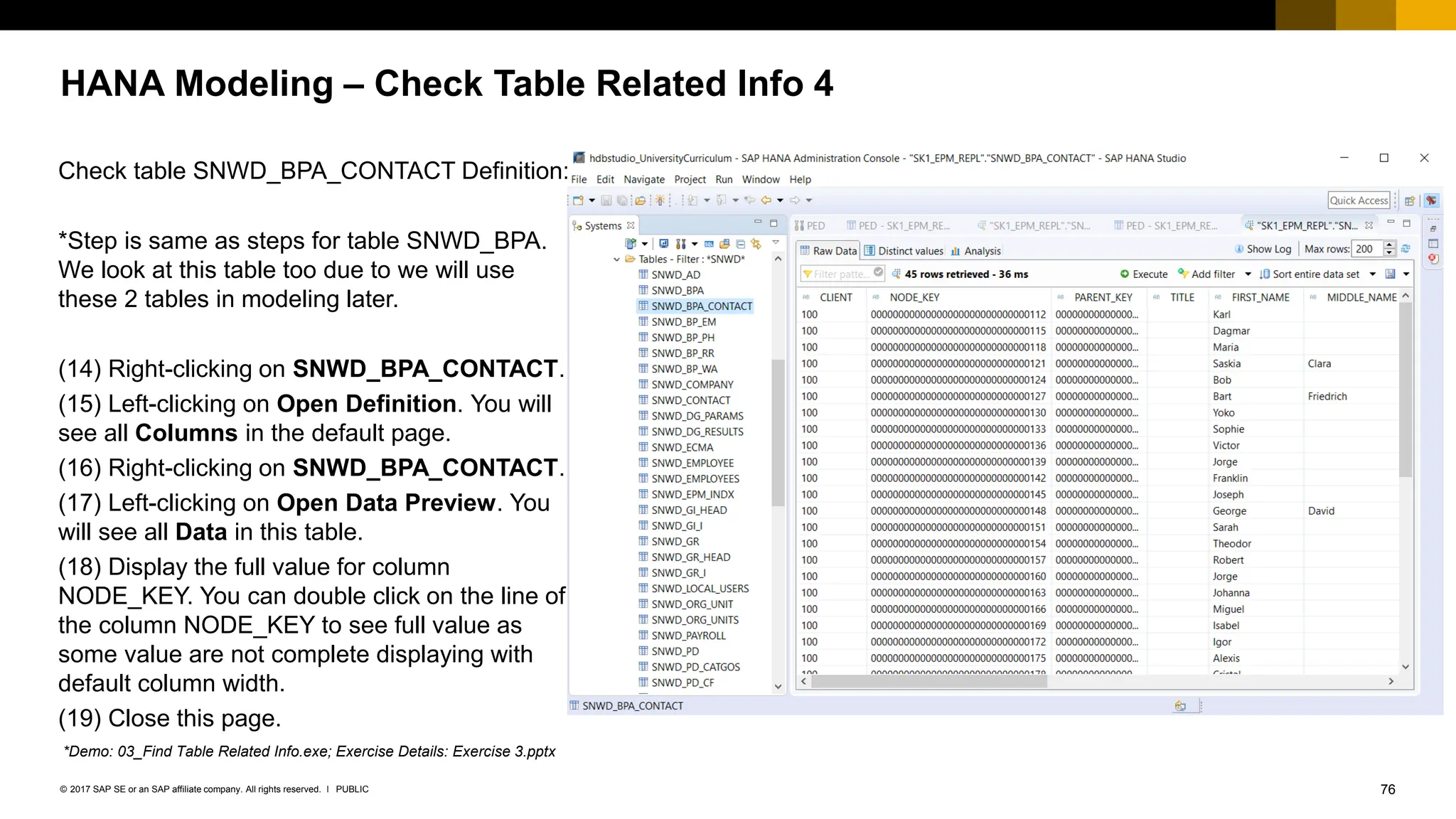 76
PUBLIC
© 2017 SAP SE or an SAP affiliate company. All rights reserved. ǀ
HANA Modeling – Check Table Related Info 4
Check table SNWD_BPA_CONTACT Definition:
*Step is same as steps for table SNWD_BPA.
We look at this table too due to we will use
these 2 tables in modeling later.
(14) Right-clicking on SNWD_BPA_CONTACT.
(15) Left-clicking on Open Definition. You will
see all Columns in the default page.
(16) Right-clicking on SNWD_BPA_CONTACT.
(17) Left-clicking on Open Data Preview. You
will see all Data in this table.
(18) Display the full value for column
NODE_KEY. You can double click on the line of
the column NODE_KEY to see full value as
some value are not complete displaying with
default column width.
(19) Close this page.
*Demo: 03_Find Table Related Info.exe; Exercise Details: Exercise 3.pptx
 
