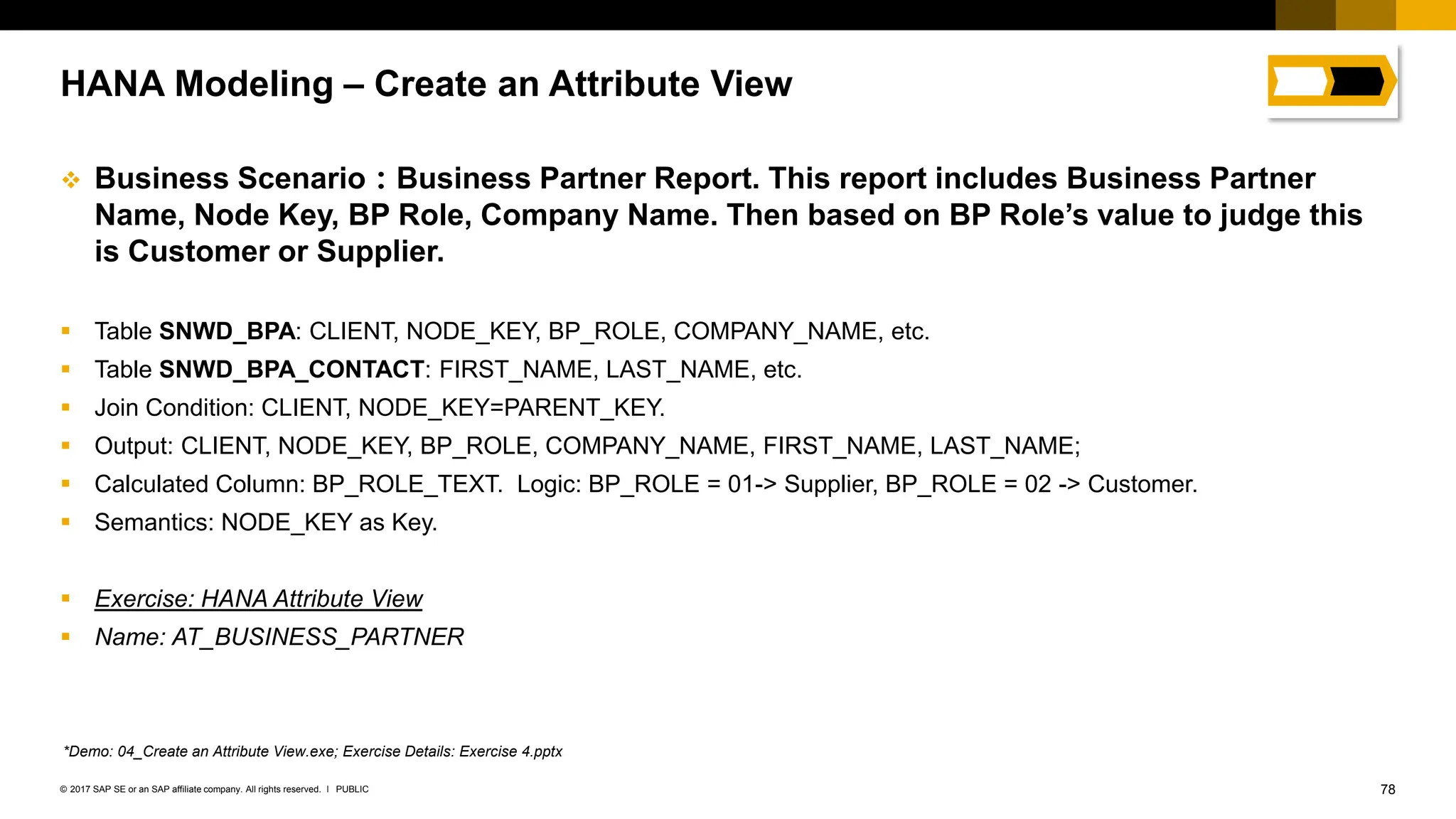 78
PUBLIC
© 2017 SAP SE or an SAP affiliate company. All rights reserved. ǀ
❖ Business Scenario：Business Partner Report. This report includes Business Partner
Name, Node Key, BP Role, Company Name. Then based on BP Role’s value to judge this
is Customer or Supplier.
▪ Table SNWD_BPA: CLIENT, NODE_KEY, BP_ROLE, COMPANY_NAME, etc.
▪ Table SNWD_BPA_CONTACT: FIRST_NAME, LAST_NAME, etc.
▪ Join Condition: CLIENT, NODE_KEY=PARENT_KEY.
▪ Output: CLIENT, NODE_KEY, BP_ROLE, COMPANY_NAME, FIRST_NAME, LAST_NAME;
▪ Calculated Column: BP_ROLE_TEXT. Logic: BP_ROLE = 01-> Supplier, BP_ROLE = 02 -> Customer.
▪ Semantics: NODE_KEY as Key.
▪ Exercise: HANA Attribute View
▪ Name: AT_BUSINESS_PARTNER
HANA Modeling – Create an Attribute View
*Demo: 04_Create an Attribute View.exe; Exercise Details: Exercise 4.pptx
 