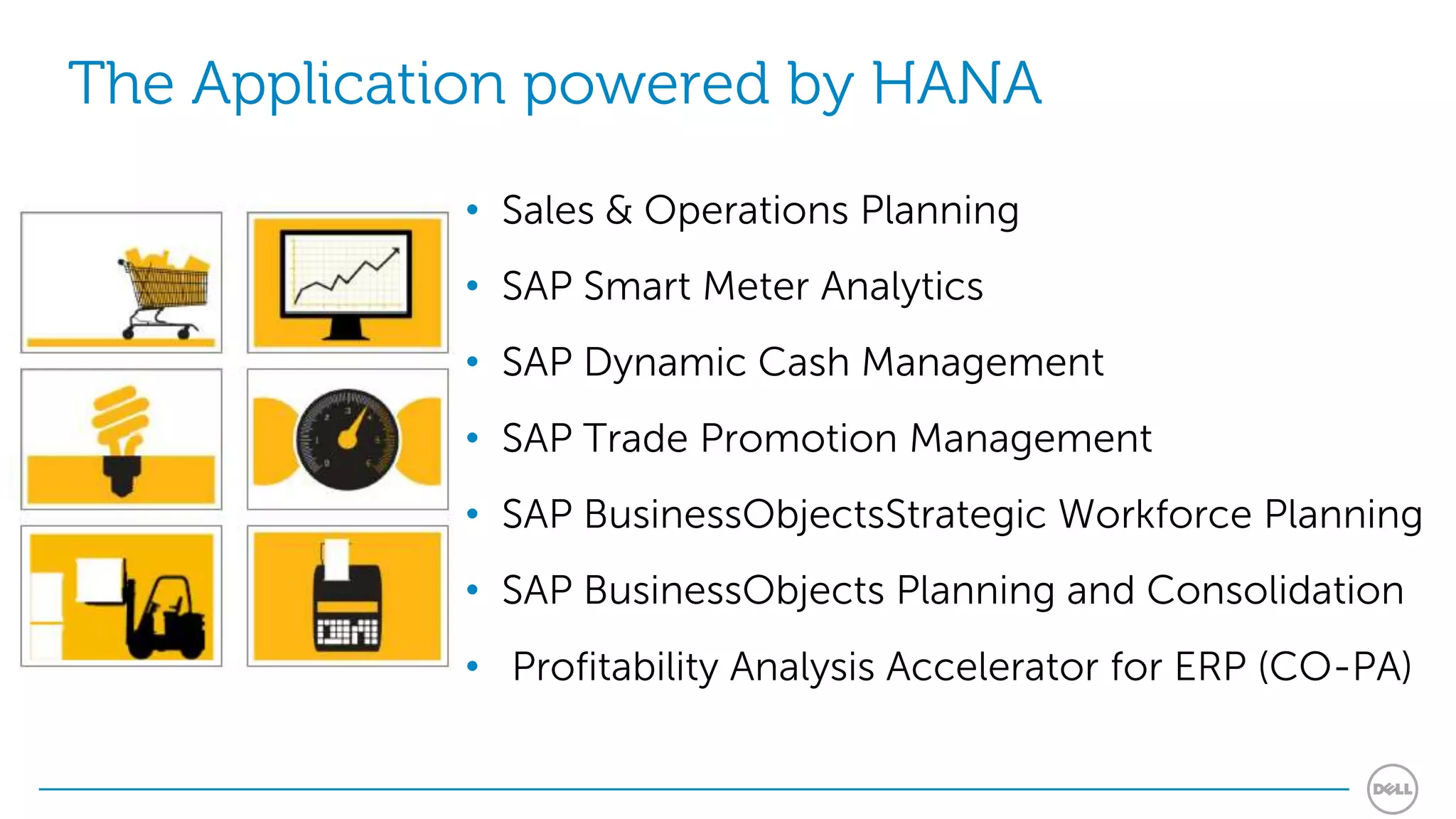 The Application powered by HANA
            • Sales & Operations Planning
            • SAP Smart Meter Analytics
            • SAP Dynamic Cash Management
            • SAP Trade Promotion Management
            • SAP BusinessObjectsStrategic Workforce Planning
            • SAP BusinessObjects Planning and Consolidation
            • Profitability Analysis Accelerator for ERP (CO-PA)
 