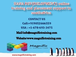 CONTACT US
Call:+919052666559
USA : +1-678-693-3475
Mail:info@magnifictraining.com
Website:www.magnifictraining.com
www.magnifictraining.com
 