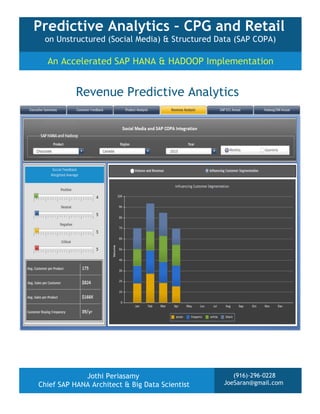 Predictive Analytics – CPG and Retail
on Unstructured (Social Media) & Structured Data (SAP COPA)

An Accelerated SAP HANA & HADOOP Implementation

Revenue Predictive Analytics

Jothi Periasamy
Chief SAP HANA Architect & Big Data Scientist

(916)-296-0228
JoeSaran@gmail.com

 