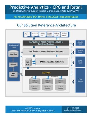 Predictive Analytics – CPG and Retail
on Unstructured (Social Media) & Structured Data (SAP COPA)

An Accelerated SAP HANA & HADOOP Implementation

Our Solution Reference Architecture

Jothi Periasamy
Chief SAP HANA Architect & Big Data Scientist

(916)-296-0228
JoeSaran@gmail.com

 