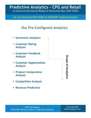 Predictive Analytics – CPG and Retail
on Unstructured (Social Media) & Structured Data (SAP COPA)

An Accelerated SAP HANA & HADOOP Implementation

Our Pre-Configured Analytics
• Sentiment Analytics
• Customer Rating
Analysis
• Customer Feedback
Analysis
• Customer Segmentation
Analysis
• Product Comparative
Analysis
• Competition Analysis
• Revenue Predictive

Jothi Periasamy
Chief SAP HANA Architect & Big Data Scientist

(916)-296-0228
JoeSaran@gmail.com

 