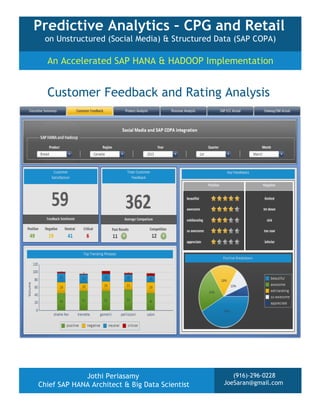 Predictive Analytics – CPG and Retail
on Unstructured (Social Media) & Structured Data (SAP COPA)

An Accelerated SAP HANA & HADOOP Implementation

Customer Feedback and Rating Analysis

Jothi Periasamy
Chief SAP HANA Architect & Big Data Scientist

(916)-296-0228
JoeSaran@gmail.com

 