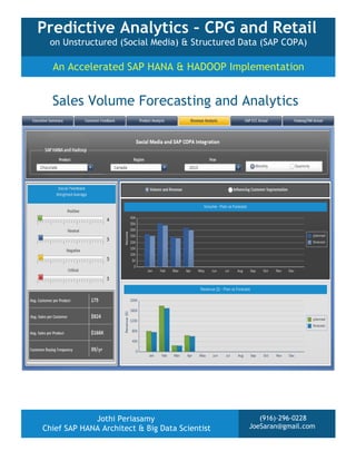 Predictive Analytics – CPG and Retail
on Unstructured (Social Media) & Structured Data (SAP COPA)

An Accelerated SAP HANA & HADOOP Implementation

Sales Volume Forecasting and Analytics

Jothi Periasamy
Chief SAP HANA Architect & Big Data Scientist

(916)-296-0228
JoeSaran@gmail.com

 