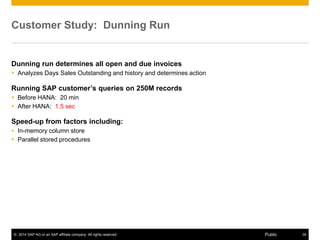 © 2014 SAP AG or an SAP affiliate company. All rights reserved. 34Public
Customer Study: Dunning Run
Dunning run determines all open and due invoices
 Analyzes Days Sales Outstanding and history and determines action
Running SAP customer’s queries on 250M records
 Before HANA: 20 min
 After HANA: 1.5 sec
Speed-up from factors including:
 In-memory column store
 Parallel stored procedures
 