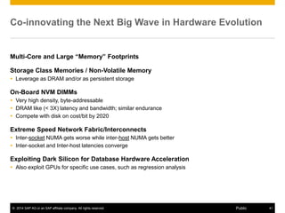 © 2014 SAP AG or an SAP affiliate company. All rights reserved. 41Public
Co-innovating the Next Big Wave in Hardware Evolution
Multi-Core and Large “Memory” Footprints
Storage Class Memories / Non-Volatile Memory
 Leverage as DRAM and/or as persistent storage
On-Board NVM DIMMs
 Very high density, byte-addressable
 DRAM like (< 3X) latency and bandwidth; similar endurance
 Compete with disk on cost/bit by 2020
Extreme Speed Network Fabric/Interconnects
 Inter-socket NUMA gets worse while inter-host NUMA gets better
 Inter-socket and Inter-host latencies converge
Exploiting Dark Silicon for Database Hardware Acceleration
 Also exploit GPUs for specific use cases, such as regression analysis
 