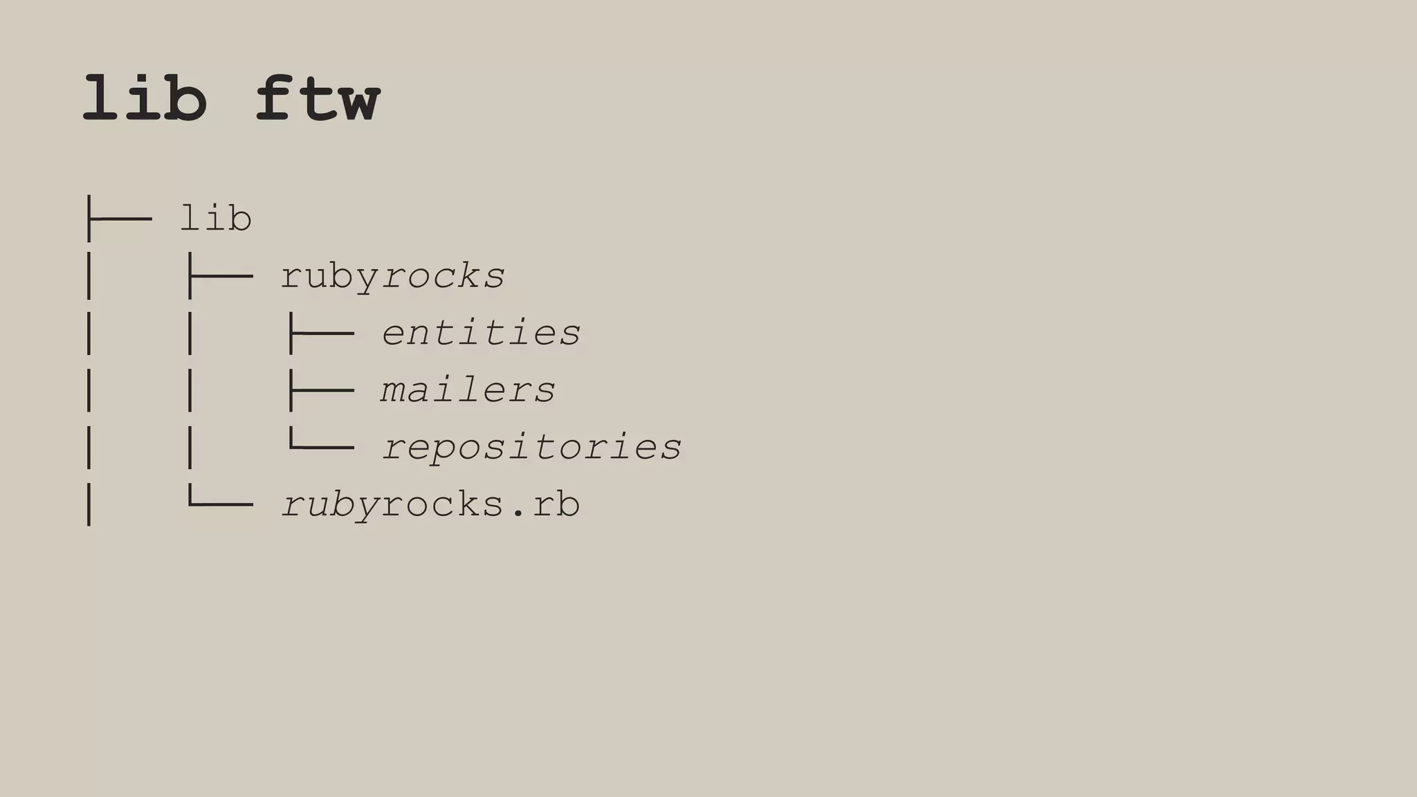 lib ftw
├── lib
│ ├── rubyrocks
│ │ ├── entities
│ │ ├── mailers
│ │ └── repositories
│ └── rubyrocks.rb
 