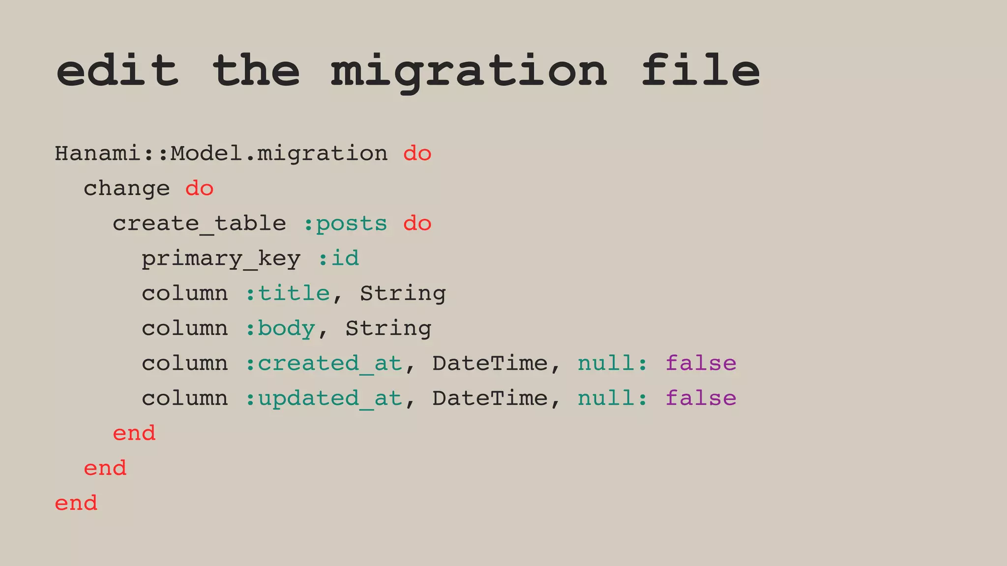 edit the migration file
Hanami::Model.migration do
change do
create_table :posts do
primary_key :id
column :title, String
column :body, String
column :created_at, DateTime, null: false
column :updated_at, DateTime, null: false
end
end
end
 