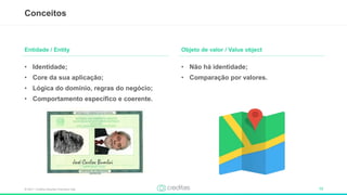 © 2017 – Creditas Soluções Financeira Ltda. 13
• Identidade;
• Core da sua aplicação;
• Lógica do domínio, regras do negócio;
• Comportamento específico e coerente.
Objeto de valor / Value object
• Não há identidade;
• Comparação por valores.
Conceitos
Entidade / Entity
 