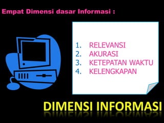 Empat Dimensi dasar Informasi :




                    1.   RELEVANSI
                    2.   AKURASI
                    3.   KETEPATAN WAKTU
                    4.   KELENGKAPAN
 