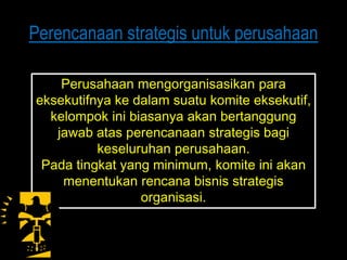 Perencanaan strategis untuk perusahaan

    Perusahaan mengorganisasikan para
eksekutifnya ke dalam suatu komite eksekutif,
  kelompok ini biasanya akan bertanggung
   jawab atas perencanaan strategis bagi
          keseluruhan perusahaan.
 Pada tingkat yang minimum, komite ini akan
    menentukan rencana bisnis strategis
                 organisasi.
 