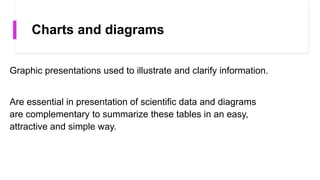Charts and diagrams
Graphic presentations used to illustrate and clarify information.
Are essential in presentation of scientific data and diagrams
are complementary to summarize these tables in an easy,
attractive and simple way.
 