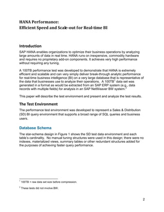 2
HANA Performance:
Efficient Speed and Scale-out for Real-time BI
Introduction
SAP HANA enables organizations to optimize their business operations by analyzing
large amounts of data in real time. HANA runs on inexpensive, commodity hardware
and requires no proprietary add-on components. It achieves very high performance
without requiring any tuning.
A 100TB performance test was developed to demonstrate that HANA is extremely
efficient and scalable and can very simply deliver break-through analytic performance
for real-time business intelligence (BI) on a very large database that is representative of
the data that businesses use to analyze their operations. A 100TB1
data set was
generated in a format as would be extracted from an SAP ERP system (e.g., data
records with multiple fields) for analysis in an SAP NetWeaver BW system.2
This paper will describe the test environment and present and analyze the test results.
The Test Environment
The performance test environment was developed to represent a Sales & Distribution
(SD) BI query environment that supports a broad range of SQL queries and business
users.
Database Schema
The star-schema design in Figure 1 shows the SD test data environment and each
table’s cardinality. No manual tuning structures were used in this design; there were no
indexes, materialized views, summary tables or other redundant structures added for
the purposes of achieving faster query performance.
1
100TB = raw data set size before compression.
2
These tests did not involve BW.
 