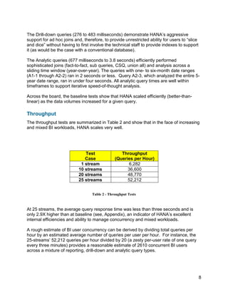 8
The Drill-down queries (276 to 483 milliseconds) demonstrate HANA’s aggressive
support for ad hoc joins and, therefore, to provide unrestricted ability for users to “slice
and dice” without having to first involve the technical staff to provide indexes to support
it (as would be the case with a conventional database).
The Analytic queries (677 milliseconds to 3.8 seconds) efficiently performed
sophisticated joins (fact-to-fact, sub queries, CSQ, union all) and analysis across a
sliding time window (year-over-year). The queries with one- to six-month date ranges
(A1-1 through A2-2) ran in 2 seconds or less. Query A2-3, which analyzed the entire 5-
year date range, ran in under four seconds. All analytic query times are well within
timeframes to support iterative speed-of-thought analysis.
Across the board, the baseline tests show that HANA scaled efficiently (better-than-
linear) as the data volumes increased for a given query.
Throughput
The throughput tests are summarized in Table 2 and show that in the face of increasing
and mixed BI workloads, HANA scales very well.
Test
Case
Throughput
(Queries per Hour)
1 stream 6,282
10 streams 36,600
20 streams 48,770
25 streams 52,212
Table 2 - Throughput Tests
At 25 streams, the average query response time was less than three seconds and is
only 2.9X higher than at baseline (see, Appendix), an indicator of HANA’s excellent
internal efficiencies and ability to manage concurrency and mixed workloads.
A rough estimate of BI user concurrency can be derived by dividing total queries per
hour by an estimated average number of queries per user per hour. For instance, the
25-streams’ 52,212 queries per hour divided by 20 (a zesty per-user rate of one query
every three minutes) provides a reasonable estimate of 2610 concurrent BI users
across a mixture of reporting, drill-down and analytic query types.
 