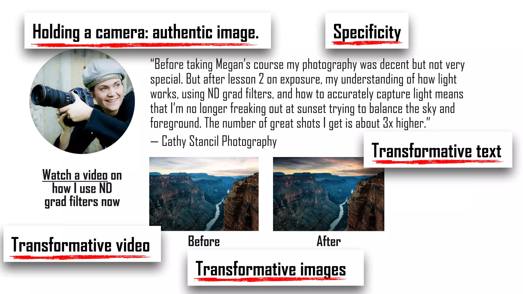“Before taking Megan’s course my photography was decent but not very
special. But after lesson 2 on exposure, my understanding of how light
works, using ND grad filters, and how to accurately capture light means
that I’m no longer freaking out at sunset trying to balance the sky and
foreground. The number of great shots I get is about 3x higher.”
— Cathy Stancil Photography
Before After
Holding a camera: authentic image. Specificity
Transformative images
Watch a video on
how I use ND
grad filters now
Transformative video
Transformative text
 