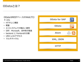 ? 2015 SAP SE or an SAP affiliate company. All rights reserved. 10Public
ODataȤϣ
ODataREST٩`Webץ
ȥ
? HTTPϤ˘B
? X
? ƥǤηڤm
? SAPMicrosoftIBMȤM
? backend  frontendηx
? URIˤ륢
? ޥͥ XML, JSON
HTTP
Atom
OData
OData for SAP
 