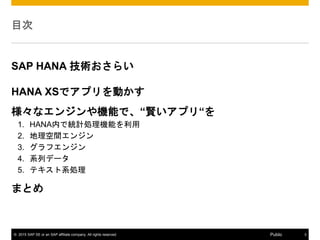 ? 2015 SAP SE or an SAP affiliate company. All rights reserved. 3Public
Ŀ
SAP HANA g餤
HANA XSǥץӤ
ʥ󥸥Cܤǡtץꡰ
1. HANAڤǽyӋICܤ
2. g󥸥
3. ե󥸥
4. ϵХǩ`
5. ƥϵI
ޤȤ
 