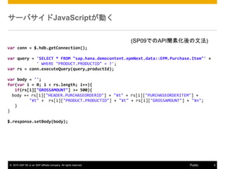 ? 2015 SAP SE or an SAP affiliate company. All rights reserved. 8Public
`ХJavaScriptӤ
var conn = $.hdb.getConnection();
var query = 'SELECT * FROM "sap.hana.democontent.epmNext.data::EPM.Purchase.Item"' +
' WHERE "PRODUCT.PRODUCTID" = ?';
var rs = conn.executeQuery(query,productId);
var body = '';
for(var i = 0; i < rs.length; i++){
if(rs[i]["GROSSAMOUNT"] >= 500){
body += rs[i]["HEADER.PURCHASEORDERID"] + "?t" + rs[i]["PURCHASEORDERITEM"] +
"?t" + rs[i]["PRODUCT.PRODUCTID"] + "?t" + rs[i]["GROSSAMOUNT"] + "?n";
}
}
$.response.setBody(body);
(SP09ǤAPIػķ)
 