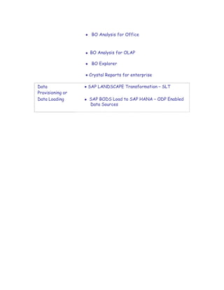 
 BO Analysis for Office


 BO Analysis for OLAP

 BO Explorer

 Crystal Reports for enterprise
Data  SAP LANDSCAPE Transformation – SLT
Provisioning or
Data Loading  SAP BODS Load to SAP HANA – ODP Enabled
Data Sources
 