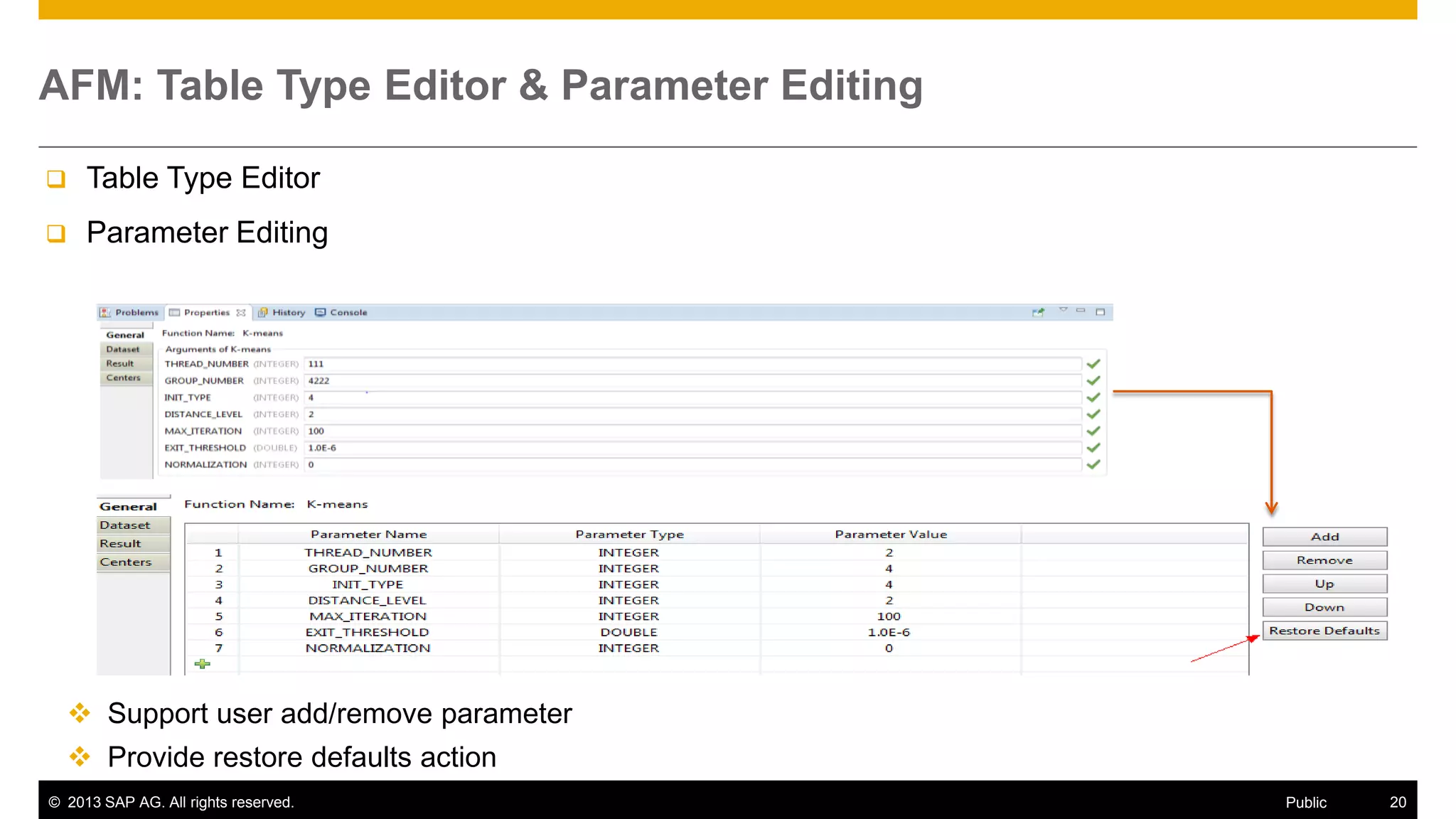 AFM: Table Type Editor & Parameter Editing


Table Type Editor



Parameter Editing

 Support user add/remove parameter
 Provide restore defaults action
© 2013 SAP AG. All rights reserved.

Public

20

 