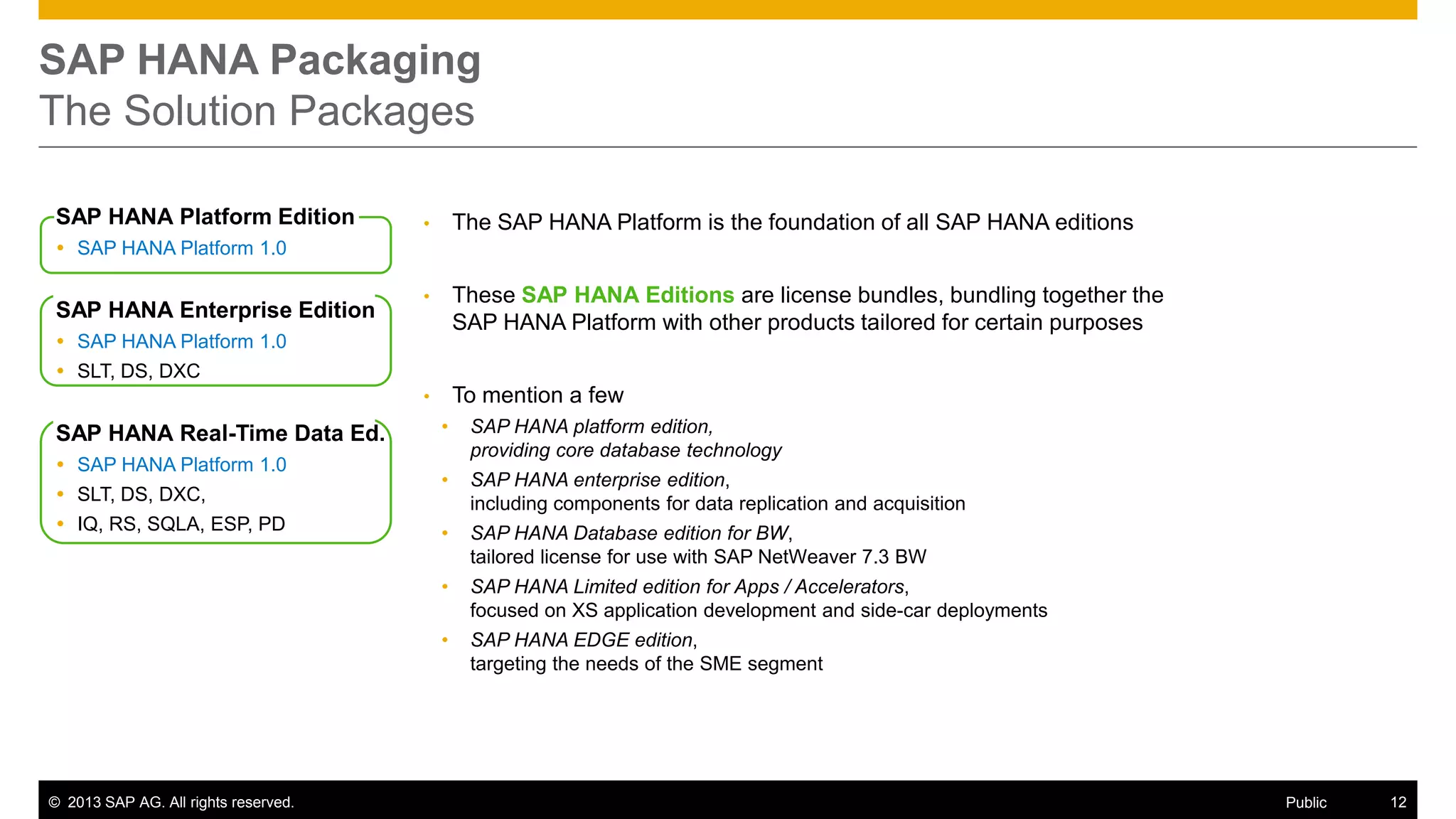 SAP HANA Packaging
The Solution Packages
SAP HANA Platform Edition

•

The SAP HANA Platform is the foundation of all SAP HANA editions

•

These SAP HANA Editions are license bundles, bundling together the
SAP HANA Platform with other products tailored for certain purposes

•

To mention a few

 SAP HANA Platform 1.0

SAP HANA Enterprise Edition
 SAP HANA Platform 1.0
 SLT, DS, DXC

 SLT, DS, DXC,
 IQ, RS, SQLA, ESP, PD

© 2013 SAP AG. All rights reserved.

SAP HANA platform edition,
providing core database technology

•

SAP HANA enterprise edition,
including components for data replication and acquisition

•

SAP HANA Database edition for BW,
tailored license for use with SAP NetWeaver 7.3 BW

SAP HANA Limited edition for Apps / Accelerators,
focused on XS application development and side-car deployments

•

 SAP HANA Platform 1.0

•

•

SAP HANA Real-Time Data Ed.

SAP HANA EDGE edition,
targeting the needs of the SME segment

Public

12

 