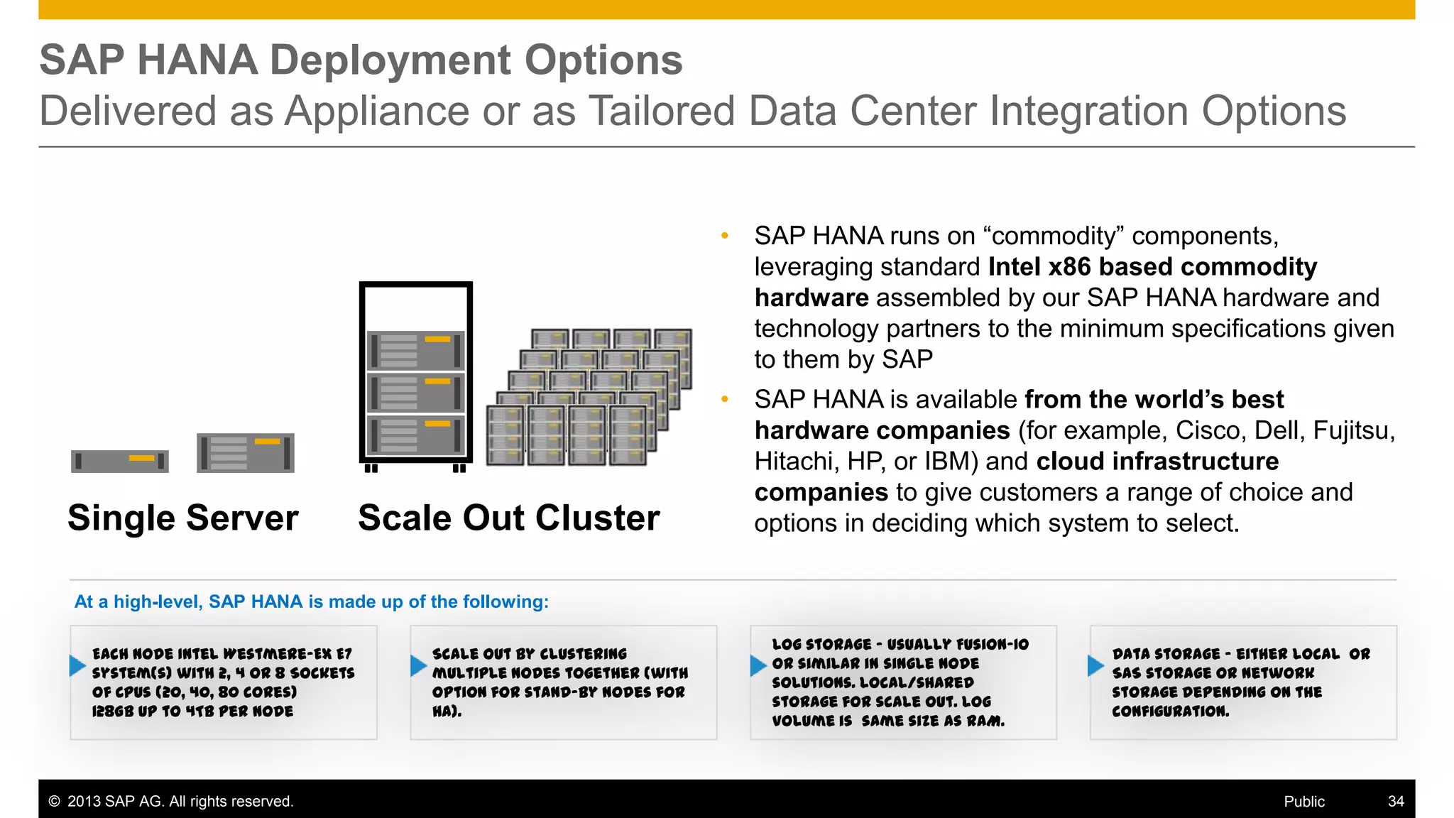 SAP HANA Deployment Options
Delivered as Appliance or as Tailored Data Center Integration Options
• SAP HANA runs on “commodity” components,
leveraging standard Intel x86 based commodity
hardware assembled by our SAP HANA hardware and
technology partners to the minimum specifications given
to them by SAP

Single Server

Scale Out Cluster

• SAP HANA is available from the world’s best
hardware companies (for example, Cisco, Dell, Fujitsu,
Hitachi, HP, or IBM) and cloud infrastructure
companies to give customers a range of choice and
options in deciding which system to select.

At a high-level, SAP HANA is made up of the following:
Each node Intel Westmere-EX E7
system(s) with 2, 4 or 8 Sockets
of CPUs (20, 40, 80 cores)
128GB up to 4TB per node

© 2013 SAP AG. All rights reserved.

Scale out by clustering
multiple nodes together (with
option for stand-by nodes for
HA).

Log storage - usually Fusion-IO
or similar in single node
solutions. Local/shared
storage for scale out. Log
volume is same size as RAM.

Data storage - either local or
SAS storage or network
storage depending on the
configuration.

Public

34

 
