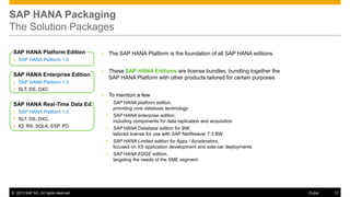 SAP HANA Packaging
The Solution Packages
SAP HANA Platform Edition

•

The SAP HANA Platform is the foundation of all SAP HANA editions

•

These SAP HANA Editions are license bundles, bundling together the
SAP HANA Platform with other products tailored for certain purposes

•

To mention a few

 SAP HANA Platform 1.0

SAP HANA Enterprise Edition
 SAP HANA Platform 1.0
 SLT, DS, DXC

 SLT, DS, DXC,
 IQ, RS, SQLA, ESP, PD

© 2013 SAP AG. All rights reserved.

SAP HANA platform edition,
providing core database technology

•

SAP HANA enterprise edition,
including components for data replication and acquisition

•

SAP HANA Database edition for BW,
tailored license for use with SAP NetWeaver 7.3 BW

SAP HANA Limited edition for Apps / Accelerators,
focused on XS application development and side-car deployments

•

 SAP HANA Platform 1.0

•

•

SAP HANA Real-Time Data Ed.

SAP HANA EDGE edition,
targeting the needs of the SME segment

Public

12

 