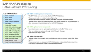 SAP HANA Packaging
HANA Software Provisioning
SAP HANA Platform

SAP HANA mandatory server components

 HANA database

•

The SAP HANA core components, like the SAP HANA database

 HANA client

•

These components are installed and configured by
certified SAP HANA hardware partners on an well configured, dedicated system

•

The SAP HANA studio and client component may also be installed on any other system to
allow access to and administration of the SAP HANA database

 HANA studio
 HANA Lifecycle Manager
 Host Agent
 HANA AFL / LCApps
 HANA RDL content package

SAP HANA optional server components

 HANA INA Toolkit for HTML

•

Several extensions can be optionally installed /added to the SAP HANA server

 HANA EPM content package

•

They are installed by customer through HANA Lifecycle Manager,
from within SAP HANA studio

 HANA SHINE content pkg.
 HANA smart data access
 HANA studio SAPUI5 Plug-in

SAP HANA front-end tools

 HANA HW config check

•

The SAP HANA front-end and client components to work and connect to your SAP HANA
system

•

These components are also part of SAP HANA product and available for download from
SAP Service Marketplace, so they can be installed if needed

 HANA client for Excel
 HANA information composer

© 2013 SAP AG. All rights reserved.

Public

14

 