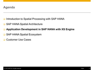 Agenda



Introduction to Spatial Processing with SAP HANA



SAP HANA Spatial Architecture



Application Development in SAP HANA with XS Engine



SAP HANA Spatial Ecosystem



Customer Use Cases

© 2013 SAP AG. All rights reserved.

Public

17

 