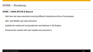 SHINE – Roadmap
SHINE – HANA SPS 08 & Beyond
•

Add new use case scenarios covering different industries and line of businesses.

•

Add new Mobile use case scenarios.

•

Update the model and incorporate the new features in XS Engine.

•

Enhance the content with new models and consume it.

© 2013 SAP AG. All rights reserved.

Public

12

 