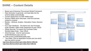 SHINE – Content Details
•
•

Based upon Enterprise Procurement Model Framework
Data Generator to generate and load data into the
schema tables automatically
• Content deployment via SAP HANA studio
• Schema Tables which describes what the business
content is covered
• Models – Attribute, Analytic, Calculation Views, Decision
Tables
• Four User Interfaces: The Admin tool ,the Purchase
Order Worklist, Sales Order Dashboard & User CRUD
• OData Services: To support the Purchase Order
Worklist,Sales Order , User CRUD
• XSJS Services: One for read access
(poWorklistQuery.xsjs) and one
for write access (poWorklistUpdate.xsjs).
• Two Roles: One for Application Access and one which
also has admin access:
sap.hana.democontent.epm.data.Admin.hdbrole
sap.hana.democontent.epm.data.User.hdbrole

© 2013 SAP AG. All rights reserved.

Public

4

 