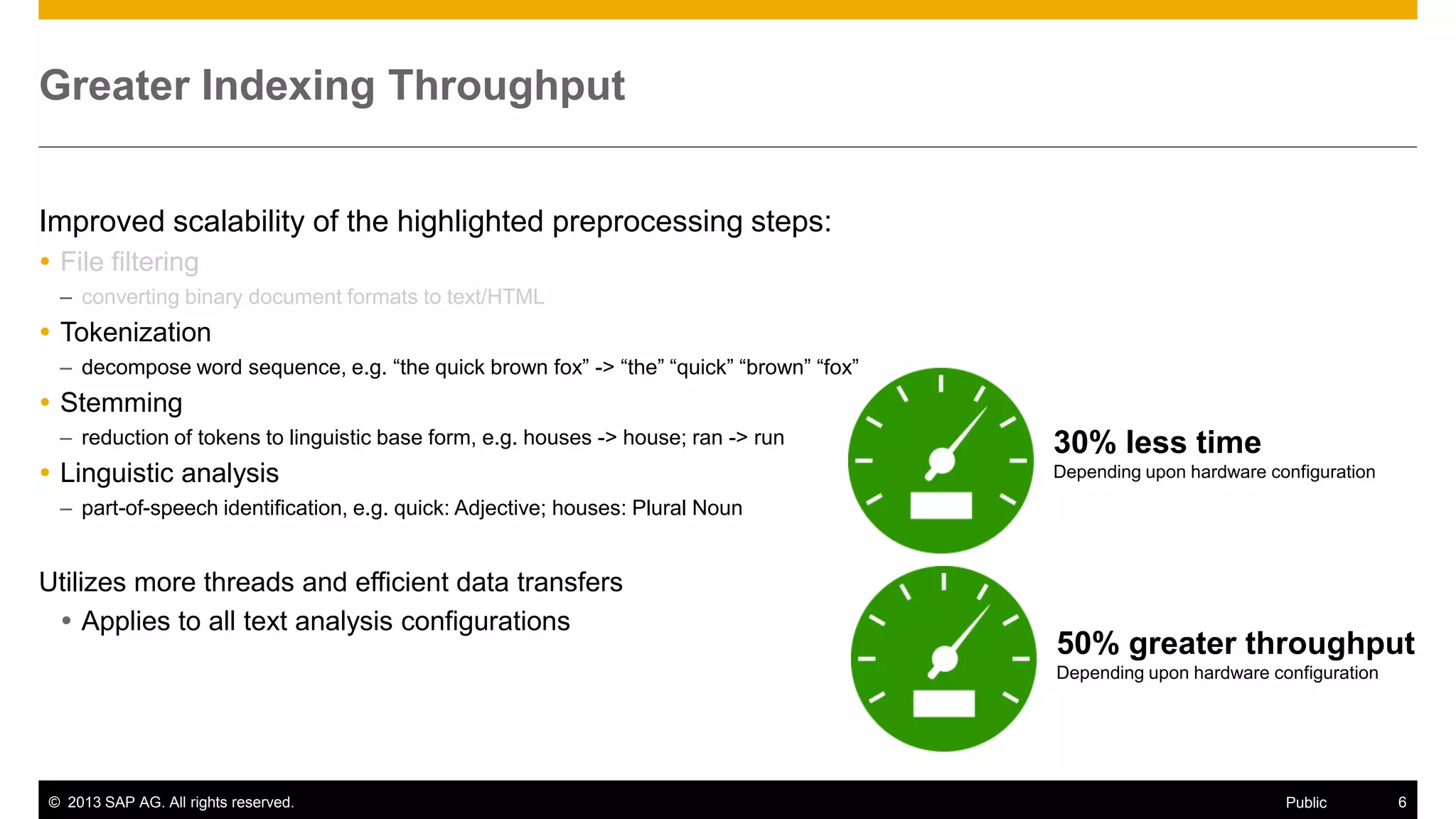 Greater Indexing Throughput
Improved scalability of the highlighted preprocessing steps:
 File filtering
– converting binary document formats to text/HTML

 Tokenization
– decompose word sequence, e.g. “the quick brown fox” -> “the” “quick” “brown” “fox”

 Stemming
– reduction of tokens to linguistic base form, e.g. houses -> house; ran -> run

 Linguistic analysis

30% less time
Depending upon hardware configuration

– part-of-speech identification, e.g. quick: Adjective; houses: Plural Noun

Utilizes more threads and efficient data transfers
 Applies to all text analysis configurations

50% greater throughput
Depending upon hardware configuration

© 2013 SAP AG. All rights reserved.

Public

6

 