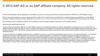 © 2014 SAP AG or an SAP affiliate company. All rights reserved. 24Public
© 2014 SAP AG or an SAP affiliate company. All rights reserved.
No part of this publication may be reproduced or transmitted in any form or for any purpose without the express permission of SAP AG or an SAP affiliate company.
SAP and other SAP products and services mentioned herein as well as their respective logos are trademarks or registered trademarks of SAP AG (or an SAP affiliate
company) in Germany and other countries. Please see http://global12.sap.com/corporate-en/legal/copyright/index.epx for additional trademark information and notices.
Some software products marketed by SAP AG and its distributors contain proprietary software components of other software vendors.
National product specifications may vary.
These materials are provided by SAP AG or an SAP affiliate company for informational purposes only, without representation or warranty of any kind, and SAP AG or its
affiliated companies shall not be liable for errors or omissions with respect to the materials. The only warranties for SAP AG or SAP affiliate company products and services
are those that are set forth in the express warranty statements accompanying such products and services, if any. Nothing herein should be construed as constituting an
additional warranty.
In particular, SAP AG or its affiliated companies have no obligation to pursue any course of business outlined in this document or any related presentation, or to develop or
release any functionality mentioned therein. This document, or any related presentation, and SAP AG’s or its affiliated companies’ strategy and possible future
developments, products, and/or platform directions and functionality are all subject to change and may be changed by SAP AG or its affiliated companies at any time for
any reason without notice. The information in this document is not a commitment, promise, or legal obligation to deliver any material, code, or functionality. All forward-
looking statements are subject to various risks and uncertainties that could cause actual results to differ materially from expectations. Readers are cautioned not to place
undue reliance on these forward-looking statements, which speak only as of their dates, and they should not be relied upon in making purchasing decisions.
 