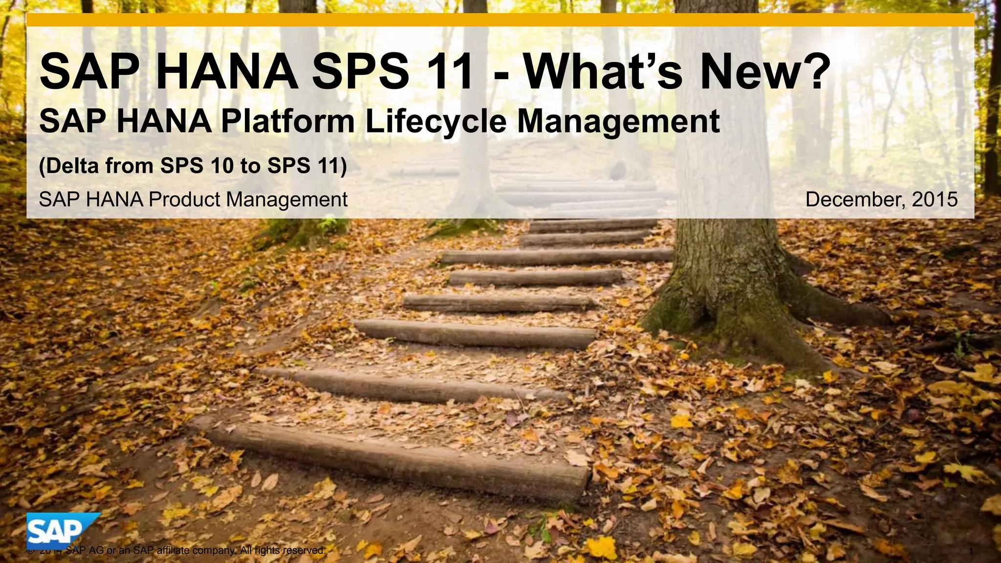 1© 2014 SAP AG or an SAP affiliate company. All rights reserved.
SAP HANA SPS 11 - What’s New?
SAP HANA Platform Lifecycle Management
SAP HANA Product Management December, 2015
(Delta from SPS 10 to SPS 11)
 