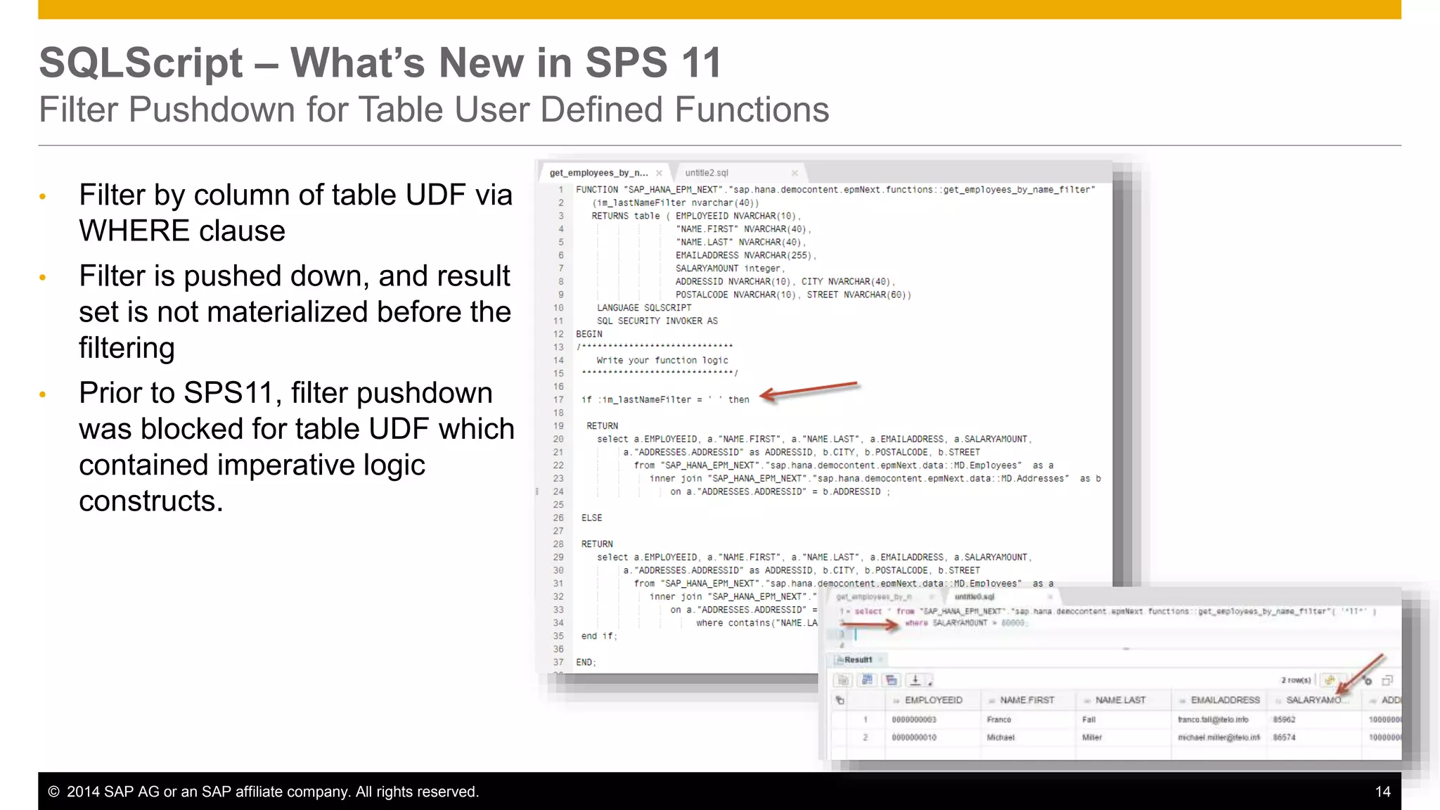 © 2014 SAP AG or an SAP affiliate company. All rights reserved. 14
SQLScript – What’s New in SPS 11
Filter Pushdown for Table User Defined Functions
• Filter by column of table UDF via
WHERE clause
• Filter is pushed down, and result
set is not materialized before the
filtering
• Prior to SPS11, filter pushdown
was blocked for table UDF which
contained imperative logic
constructs.
 