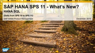 1© 2014 SAP AG or an SAP affiliate company. All rights reserved.
SAP HANA SPS 11 - What’s New?
HANA SQL
SAP HANA Product Management December, 2015
(Delta from SPS 10 to SPS 11)
 