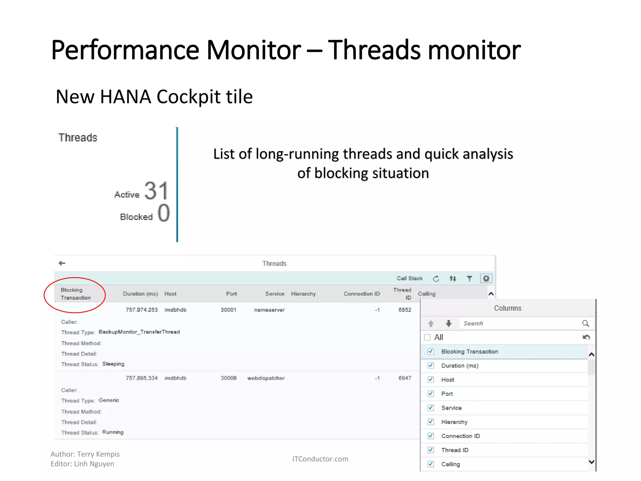 Performance Monitor – Threads monitor
New HANA Cockpit tile
Author: Terry Kempis
Editor: Linh Nguyen
ITConductor.com 6
List of long-running threads and quick analysis
of blocking situation
 