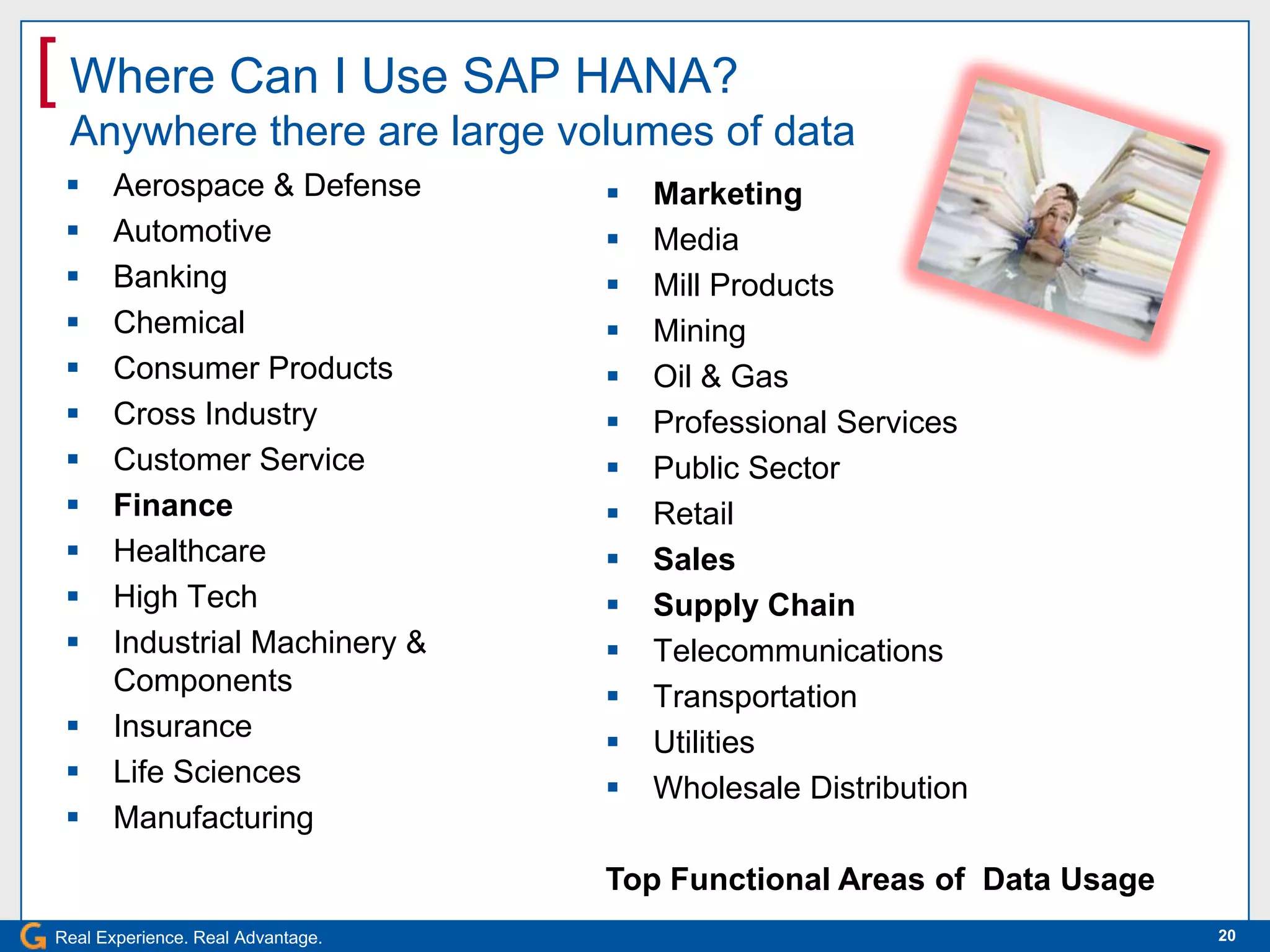 [ Where Can I Use SAP HANA?
 Anywhere there are large volumes of data
     Aerospace & Defense             Marketing
     Automotive                      Media
     Banking                         Mill Products
     Chemical                        Mining
     Consumer Products               Oil & Gas
     Cross Industry                  Professional Services
     Customer Service                Public Sector
     Finance                         Retail
     Healthcare                      Sales
     High Tech                       Supply Chain
     Industrial Machinery &          Telecommunications
      Components
                                      Transportation
     Insurance
                                      Utilities
     Life Sciences
                                      Wholesale Distribution
     Manufacturing
                                   Top Functional Areas of Data Usage
Real Experience. Real Advantage.                                        20
 