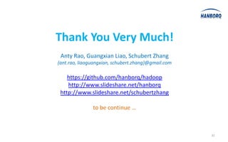 Thank You Very Much!
 Anty Rao, Guangxian Liao, Schubert Zhang
{ant.rao, liaoguangxian, schubert.zhang}@gmail.com

    https://github.com/hanborq/hadoop
    http://www.slideshare.net/hanborq
 http://www.slideshare.net/schubertzhang

               to be continue …



                                                     32
 