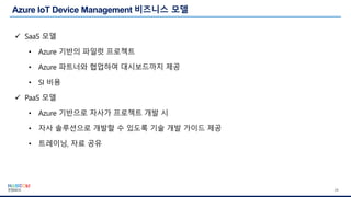 24
✓ SaaS 모델
• Azure 기반의 파일럿 프로젝트
• Azure 파트너와 협업하여 대시보드까지 제공
• SI 비용
✓ PaaS 모델
• Azure 기반으로 자사가 프로젝트 개발 시
• 자사 솔루션으로 개발할 수 있도록 기술 개발 가이드 제공
• 트레이닝, 자료 공유
 