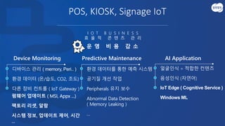 Device Monitoring Predictive Maintenance AI Application
환경 데이터를 통한 예측 시스템
공기질 개선 작업
Peripherals 유지 보수
Abnormal Data Detection
( Memory Leaking )
…
얼굴인식 = 적합한 컨텐츠
음성인식 (자연어)
운 영 비 용 감 소
I O T B U S I N E S S
효 율 적 콘 텐 츠 관 리
펌웨어 업데이트 ( MSI, Appx …)
팩토리 리셋, 알람
시스템 정보, 업데이트 제어, 시간
…
디바이스 관리 ( memory, Peri.. )
환경 데이터 (온/습도, CO2, 조도)
다른 장비 컨트롤 ( IoT Gateway ) IoT Edge ( Cognitive Service )
Windows ML
 