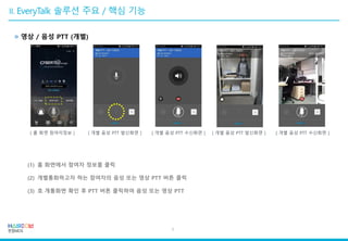 [ 홈 화면 참여자정보 ] [ 개별 음성 PTT 발신화면 ] [ 개별 음성 PTT 수신화면 ]
(1) 홈 화면에서 참여자 정보를 클릭
(2) 개별통화하고자 하는 참여자의 음성 또는 영상 PTT 버튼 클릭
(3) 호 개통화면 확인 후 PTT 버튼 클릭하여 음성 또는 영상 PTT
방폭스마트폰TC75CH
[ 개별 음성 PTT 발신화면 ] [ 개별 음성 PTT 수신화면 ]
» 영상 / 음성 PTT (개별)
7
 