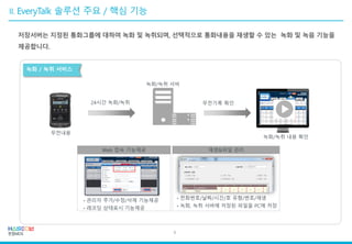 Web 접속 기능제공 재생&파일 관리
• 전화번호/날짜/시간/호 유형/번호/재생
• 녹화, 녹취 서버에 저장된 파일을 PC에 저장
• 관리자 추가/수정/삭제 기능제공
• 레코딩 상태표시 기능제공
녹화 / 녹취 서비스
저장서버는 지정된 통화그룹에 대하여 녹화 및 녹취되며, 선택적으로 통화내용을 재생할 수 있는 녹화 및 녹음 기능을
제공합니다.
9
 