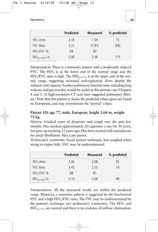 Predicted Measured % predicted
FEV1 litres 2.16 1.59 73
FVC litres 3.31 (1.91) (58)
FEV1/FVC % 69 83
FEF25–75% L/s 2.06 2.36 115
Interpretation: There is a restrictive pattern with a moderately reduced
FVC. The FEV1 is at the lower end of the normal range and the
FEV1/FVC ratio is high. The FEF25–75% is at the upper end of the nor-
mal range, suggesting increased mid-expiratory flows despite the
reduced vital capacity. Further pulmonary function tests, including lung
volumes and gas transfer, would be useful in this patient—see Chapters
4 and 5. (A high-resolution CT scan later suggested pulmonary fibro-
sis.) Note that this patient is Asian; the predicted values given are based
on Europeans, and may overestimate the ‘normal’ values.
Patient 1D: age 77, male, European, height 1.64 m, weight
73 kg
History: Gradual onset of dyspnoea and cough over the past few
months. Has smoked approximately 20 cigarettes a day for 30 years,
but gave up smoking 15 years ago. Has been treated with amiodarone
for atrial fibrillation. Has a pet parrot.
Technician’s comments: Good patient technique, but coughed when
trying to expire fully. FVC may be underestimated.
Predicted Measured % predicted
FEV1 litres 2.26 2.08 92
FVC litres 3.45 2.55 74
FEV1/FVC % 68 81
FEF25–5% L/s 2.10 2.09 99
Interpretation: All the measured results are within the predicted
range. However, a restrictive pattern is suggested by the low/normal
FVC and a high FEV1/FVC ratio. The FVC may be underestimated by
the patient’s technique (see technician’s comments). The FEV1 and
FEF25–75% are normal and there is no evidence of airflow obstruction.
Spirometry 13
Ch 1 Hancox 6/10/05 10:38 AM Page 13
 
